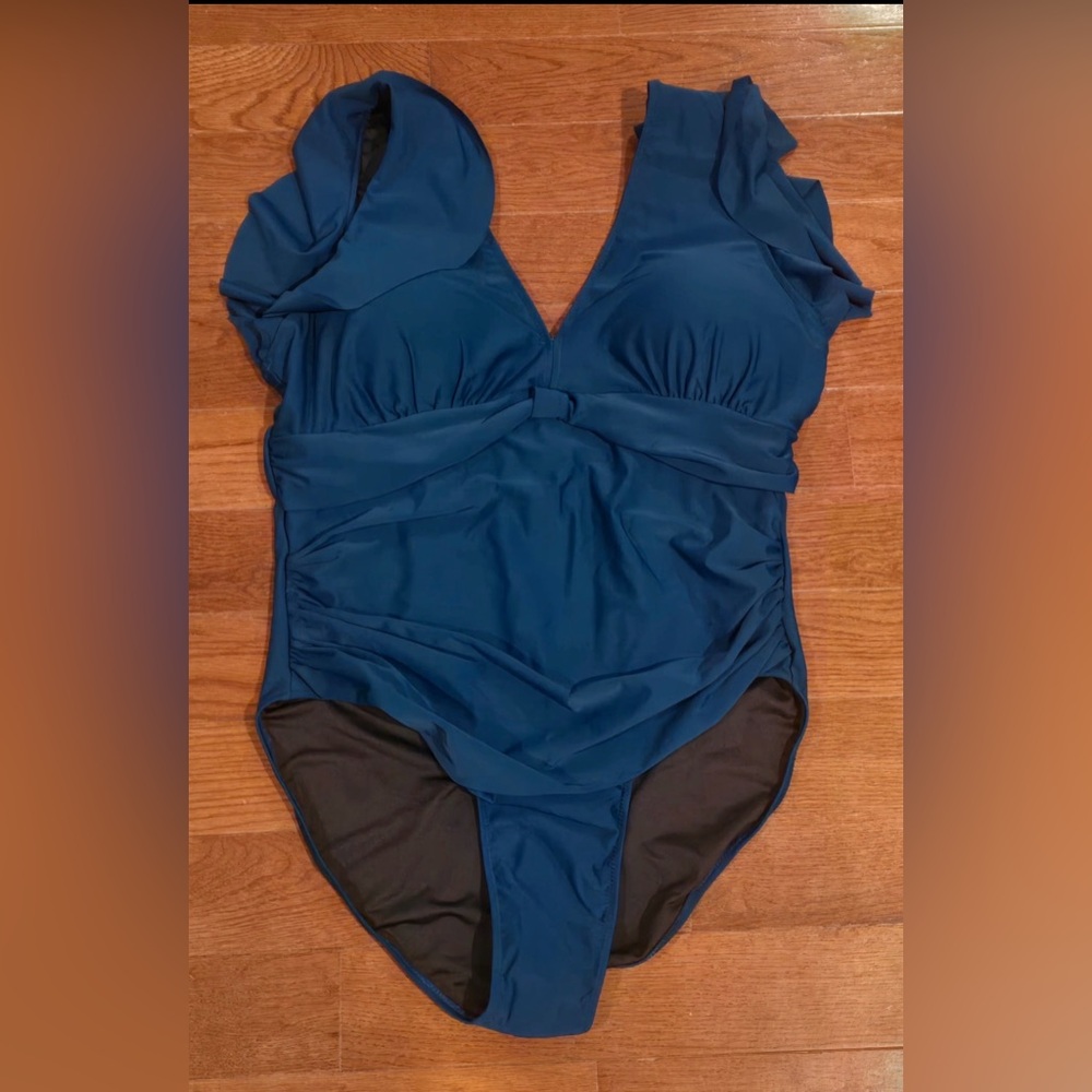 Blooming Jelly V-Neck Ruffled Sleeve One-Piece Tummy Control Swimsuit Teal Blue